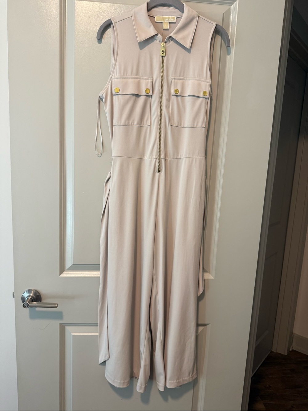Michael Kors Sleeveless Cream Jumpsuit with Gold Hardware